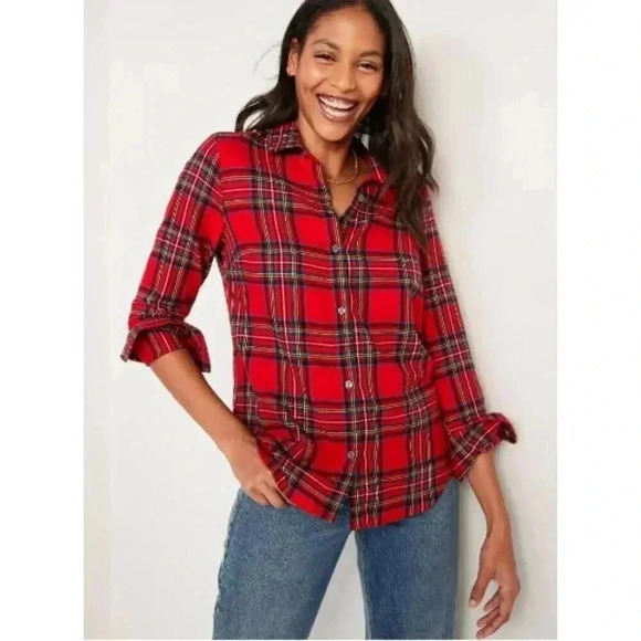 Old Navy Red Winter Plaid Long Sleeve Button Down Flannel M - Picture 1 of 4